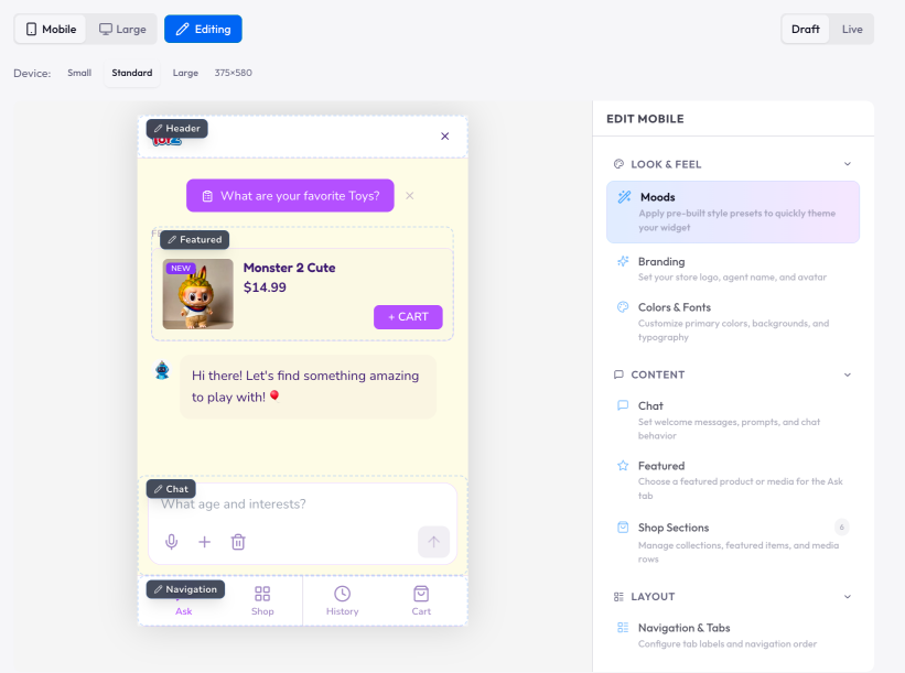 Agentic shopping dashboard — light mode merchant control panel